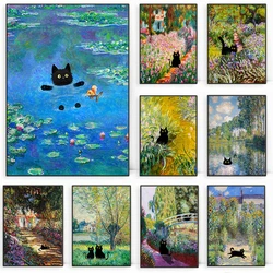 Claude Monet Artworks Interesting Cute Black Cat Lotus Pond Poster Canvas Paintings Wall Art Pictures for Living Room Home Decor