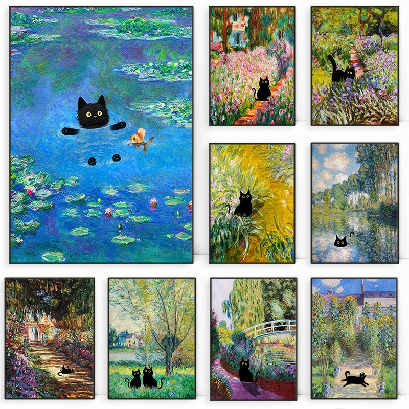 Claude Monet Artworks Interesting Cute Black Cat Lotus Pond Poster Canvas Paintings Wall Art Pictures for Living Room Home Decor