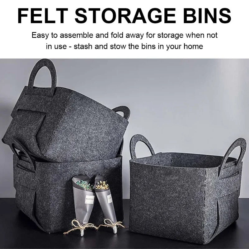 Gray Collapsible Felt ClothesStorage Basket Thickened Felt Storage Bins Magazine Organizer With Handles Home Office Organization