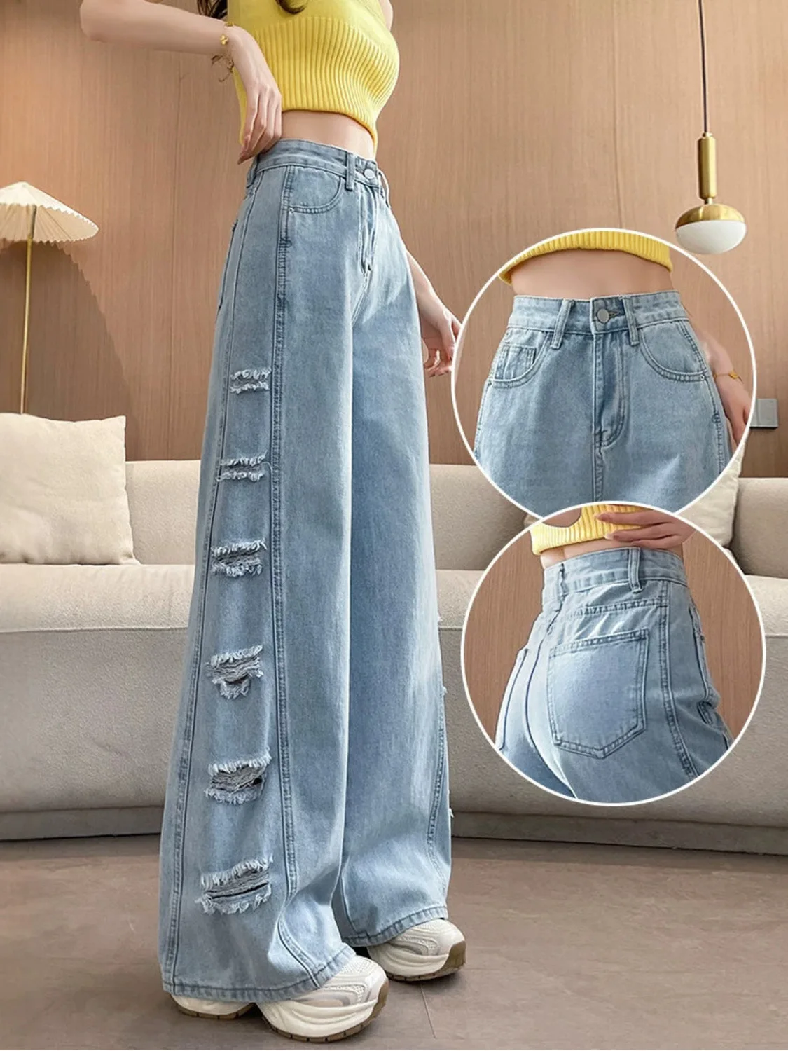 Women High Waist Ripped Wide Leg Jeans Side Distressed Baggy Denim Pants Y2K Summer Streetwear 2026