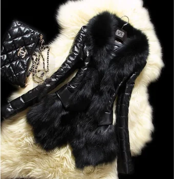 Image Winter New Slim Imitation Fox Fur Collar Fur Pu Leather Long Sleeve Medium And Long Fashion Street Splicing Thin Coat