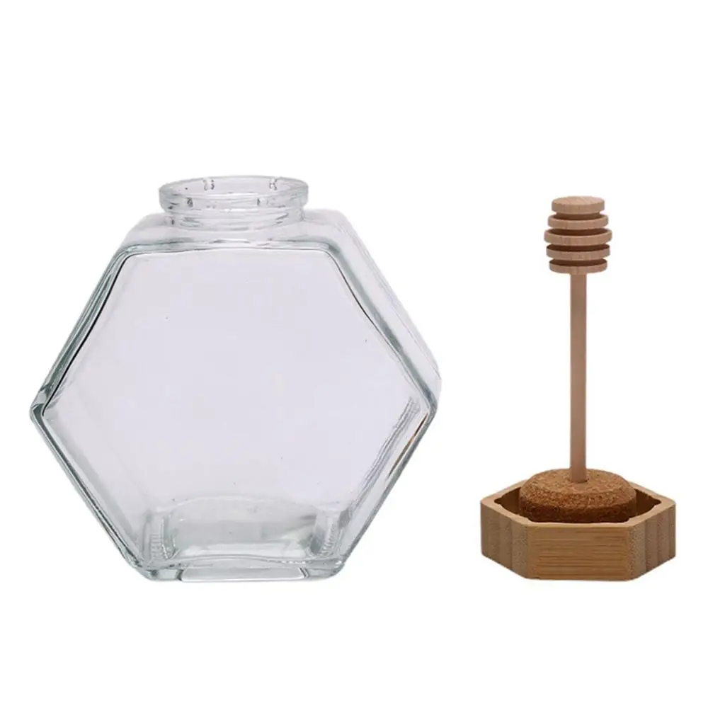 

Home Hexagon with Wooden Dipper Glass Transparent Honey Jar Dispenser Storage Container Honey Pot