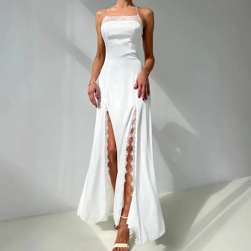 Sleeveless Printed Long Dress For Women Lace Splice Sexy Halter Fashion Dress Slim Slit High Waist Banquet Dress Female