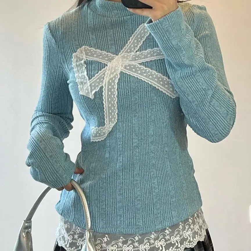 Y2k Vintage Lace Patchwork Bow T-shirts Autumn Japanese Bottoming Top Women Subcultural Knitted Pullover Sweater Y2k Top