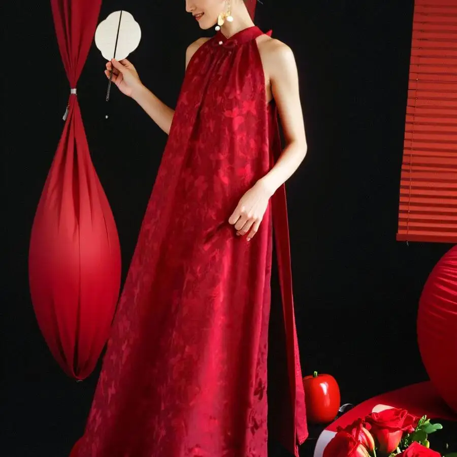 

Red Chinese Style Vintage Wedding Dress Women's Engagement Ceremony Dress High Waist Sleeveless Floral Print Evening Gown
