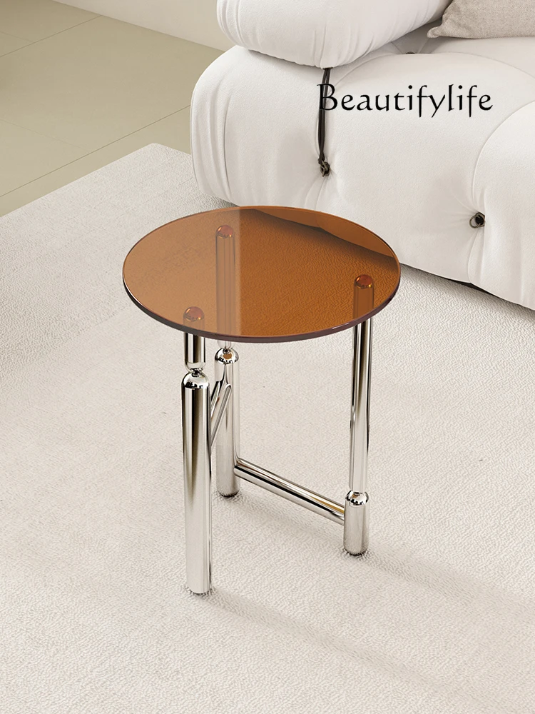 

American-Style Light Luxury round Glass Corner Table Designer Retro Stainless Steel Small Apartment Sofa Side Table