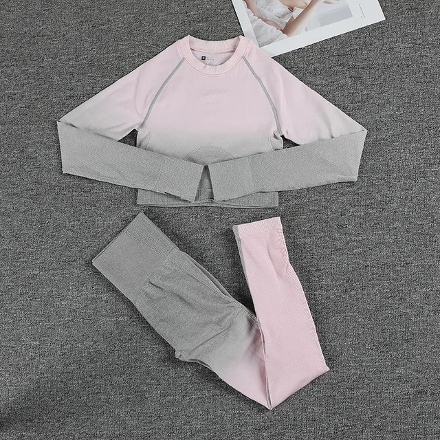 Sem Costura Gradiente Leggings + Manga Longa Conjunto De Yoga Feminino Colheita Superior Cintura Alta Calças Esportivas Ginásio