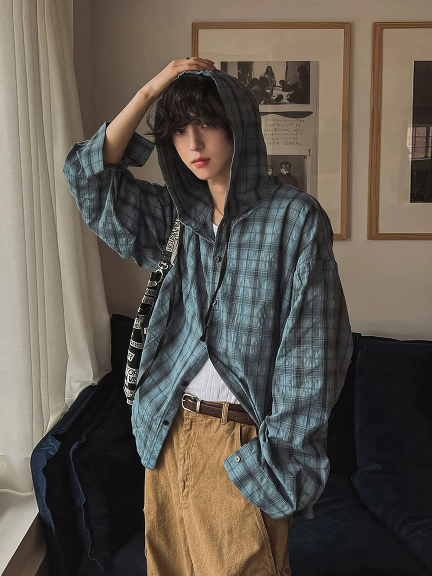 Men's Summer Lightweight Sun Protection Long Sleeve Bubble Shirt Hooded Plaid Casual Style Breathable Outerwear for Outdoor