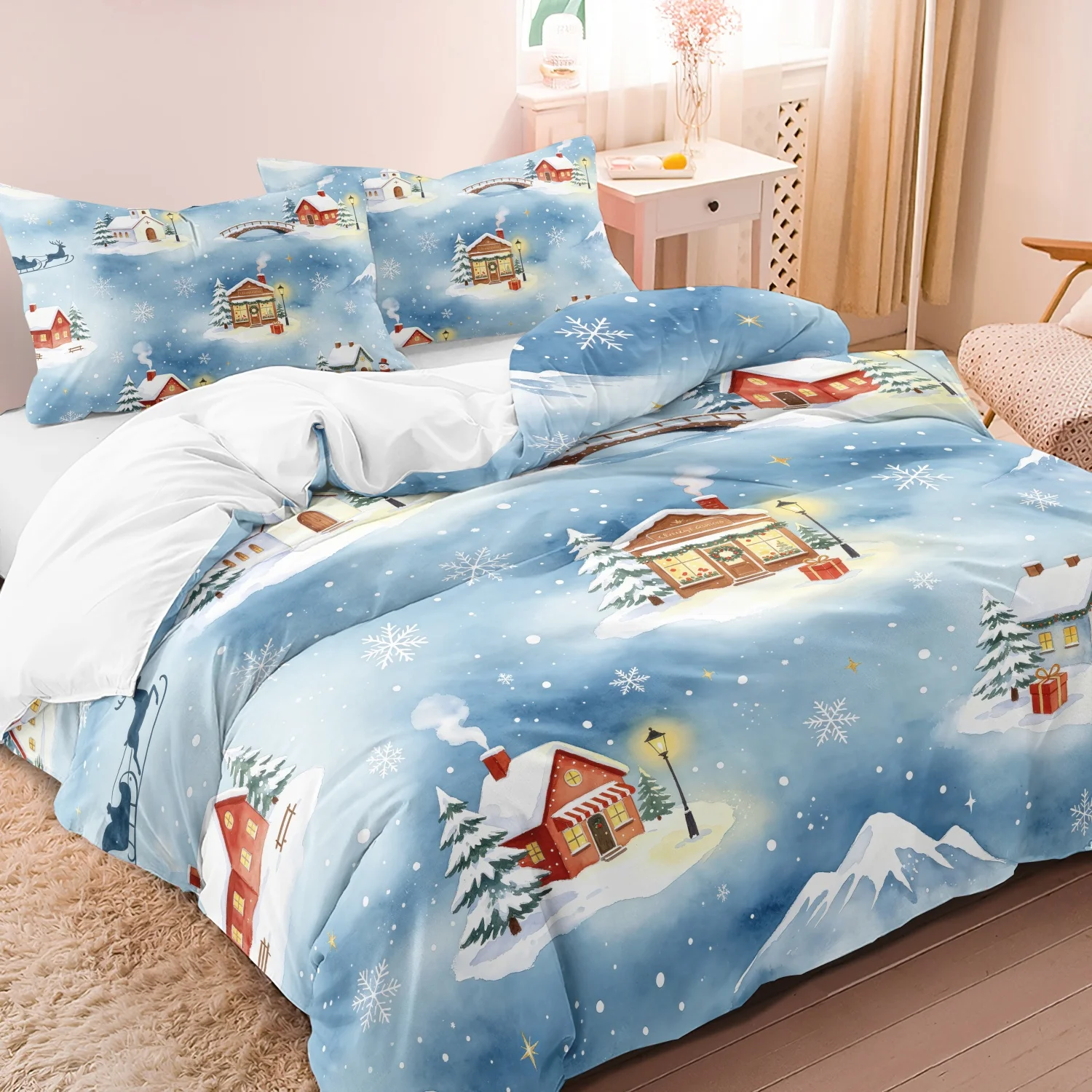 3Pcs Christmas Duvet Cover Set, Blue Winter Snow Cabin Sleigh Snowflake Print Bedding, For Family Bedrooms Dormitories Hotels