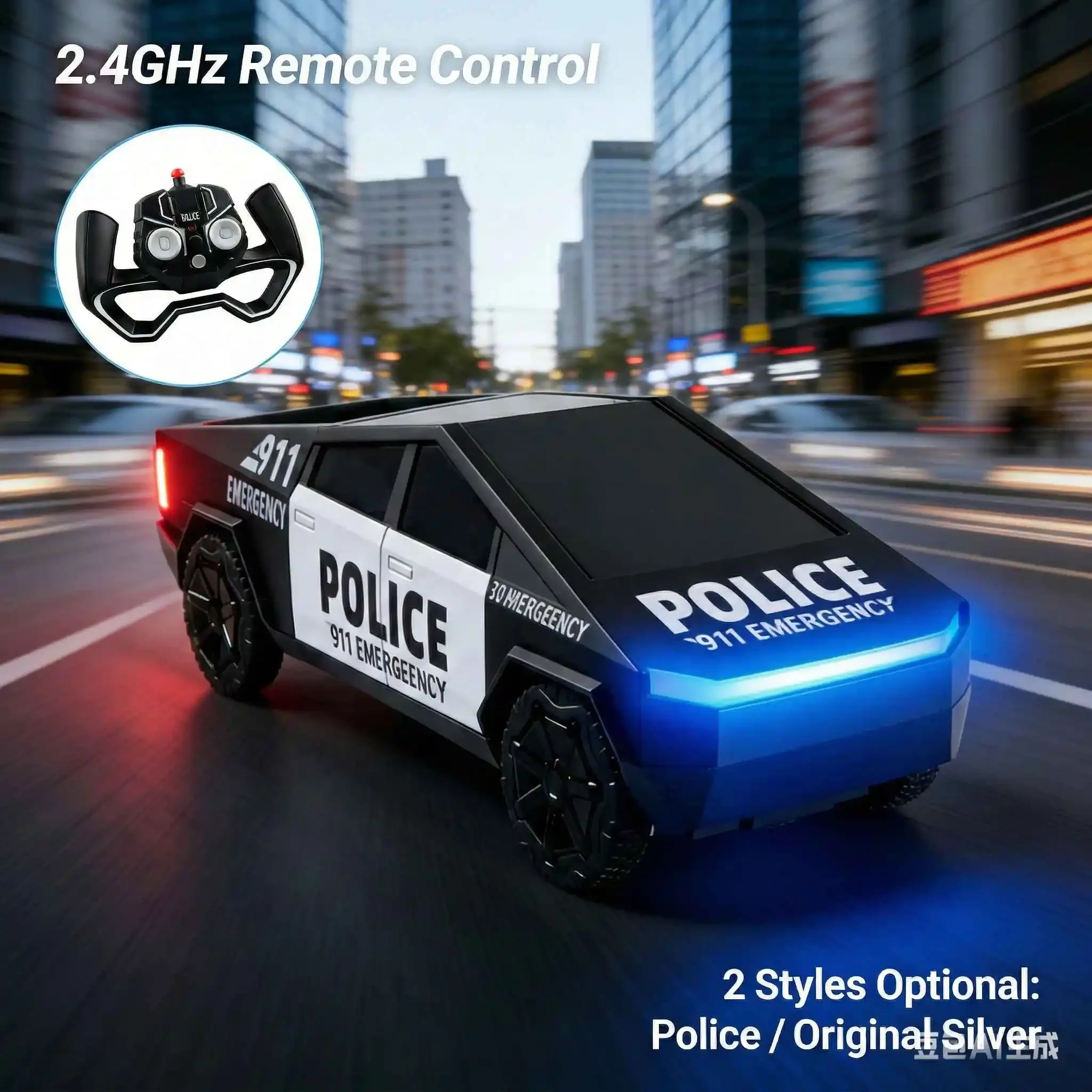 

2.4G RC Police Cyber Pickup Truck Toy Remote Control Car with LED Lights, Off-Road All Terrain Rechargeable Racing Gift for Boys