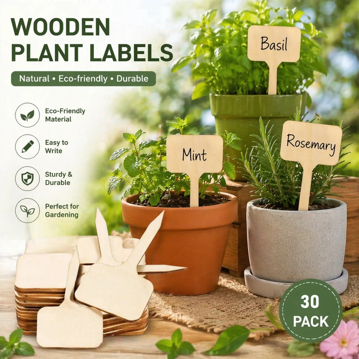 30Pcs T-Shape Wood Plant Labels Durable Plug-In Garden Marker Stakes Ground Tags for Flowers Seedlings & Potted Plants