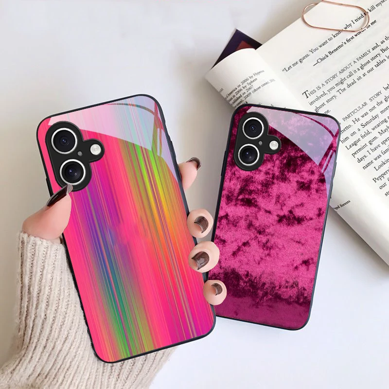 Pink marble texture image For iPhone 16 Pro 17 Pro Max 11 12 mini 13 14 XR XS Max 16E 7 8 SE 5 6 Plus Air Black Glass Phone Case