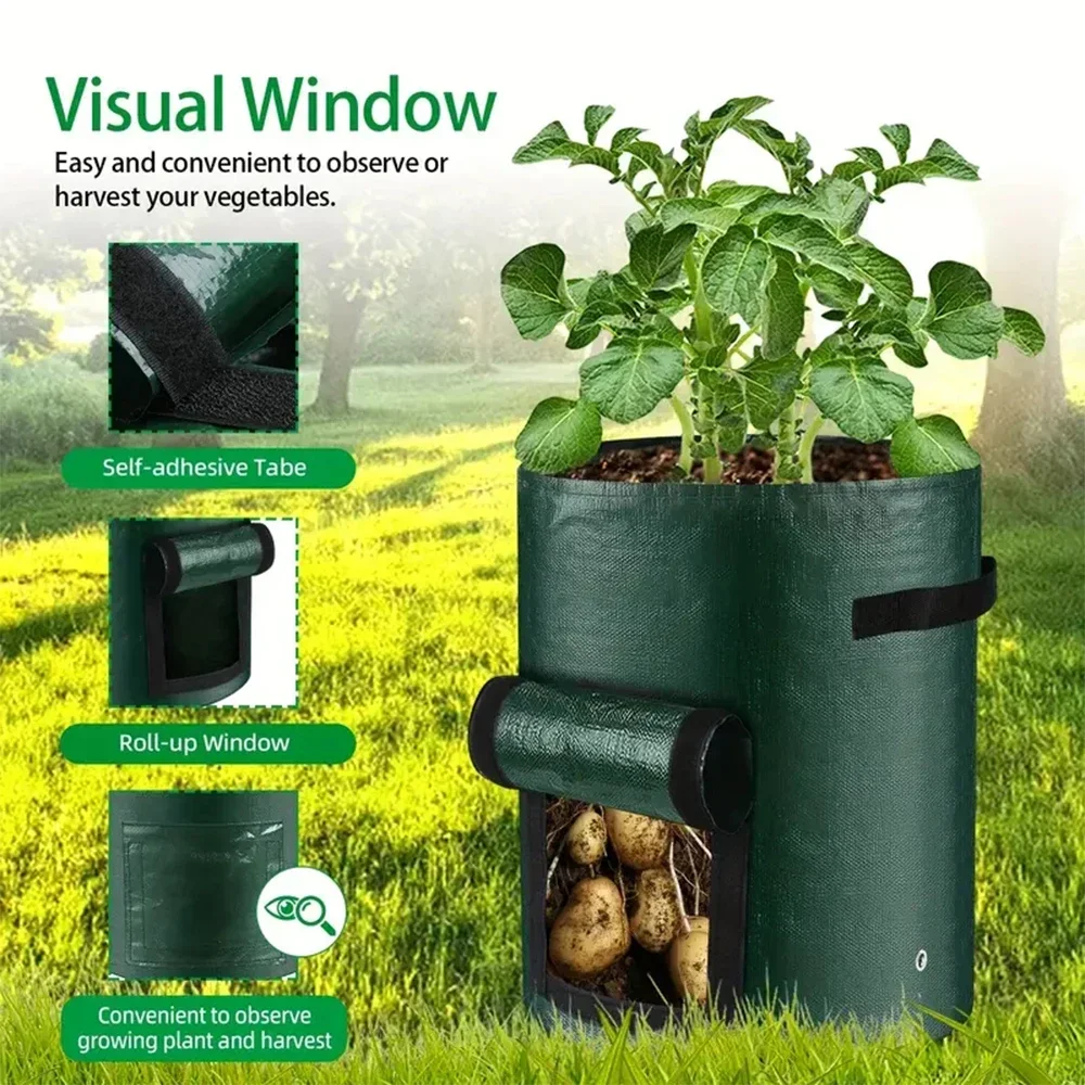 Immagine 5: Set di 5 Sacchi per Coltivazione di Piante e Verdure, Contenitori per Piantare, Vasi da Giardino Rinforzati, Sacchi per Coltivazione Patate Fai-da-Te in Tessuto PE