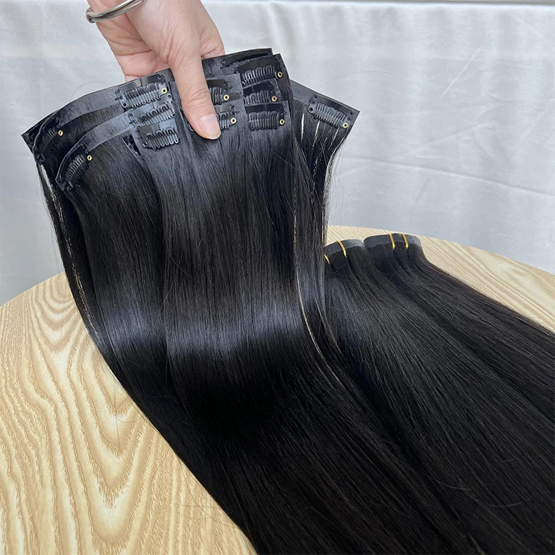 7Pcs/Set Seamless Clip Ins Straight Human Hair 100％ Raw Unprocessed Human Hair Extensions PU Weft Hair Extension Full Head 100g