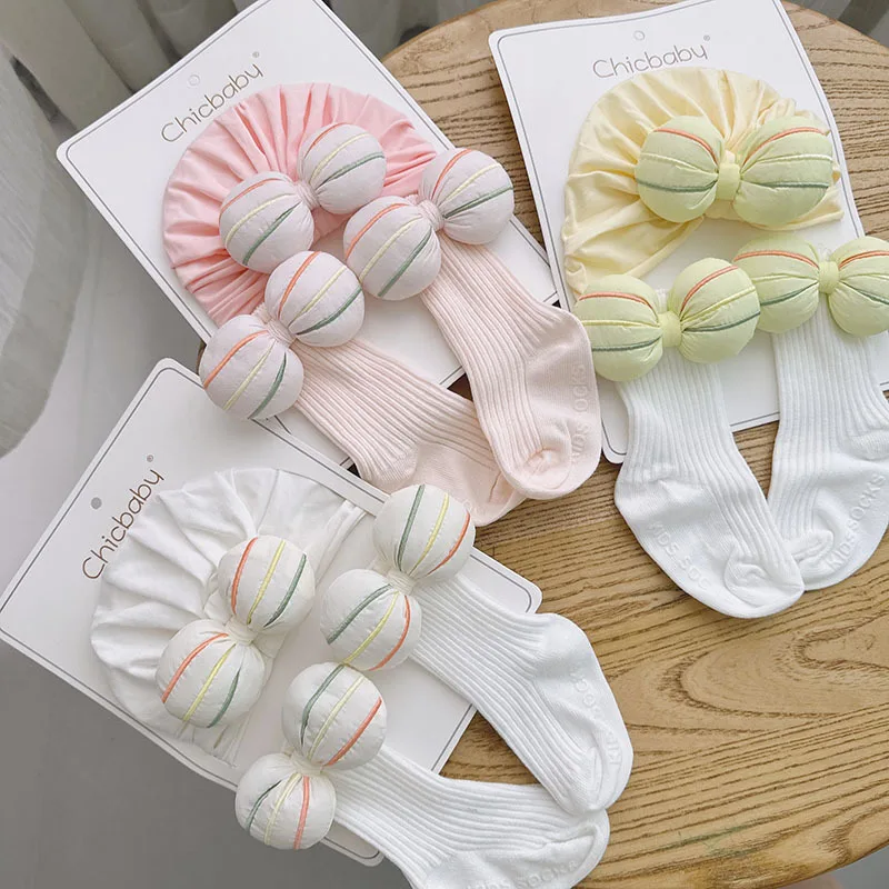

Baby Bow Hat Sock Set Spring Autumn Tube Sock+ Turban Hat