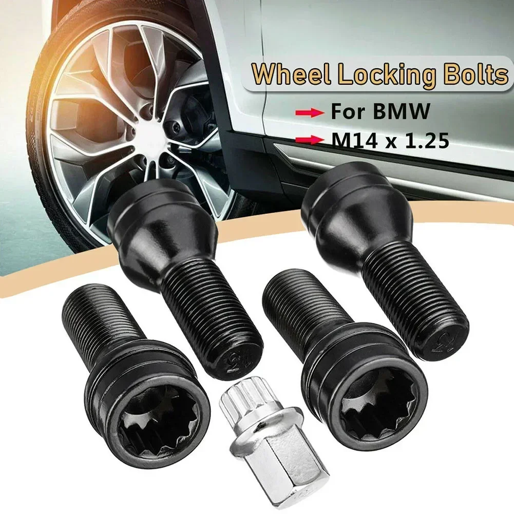 4Pcs/Set M14×1.25 Black Wheel Locking Lug Bolt Nut+Key 36136776076# For BMW X3/X5/E70/E71/F20/F25/X5/X6 Car Accessories