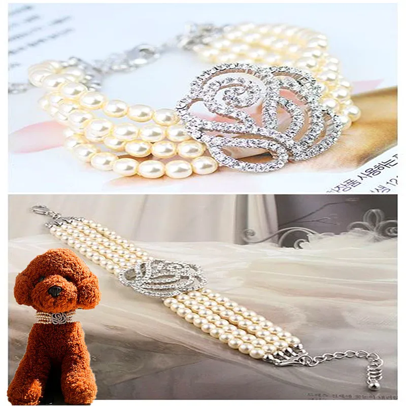 Pearl Necklace Dog Collar Fashion Jeweled Puppy Cat Collar with Rhinestone Artificial Diamante Rose Dog Pet Accessories
