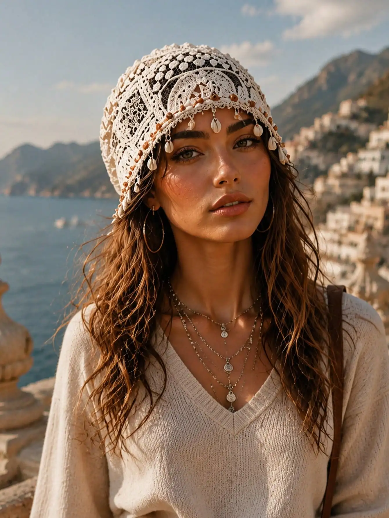 Women's Spring Autumn Beanie Hat Handmade Hollow Crochet Shell Bead Pendant Headwrap Vintage Lace Hair Cap Knitted Headscarf