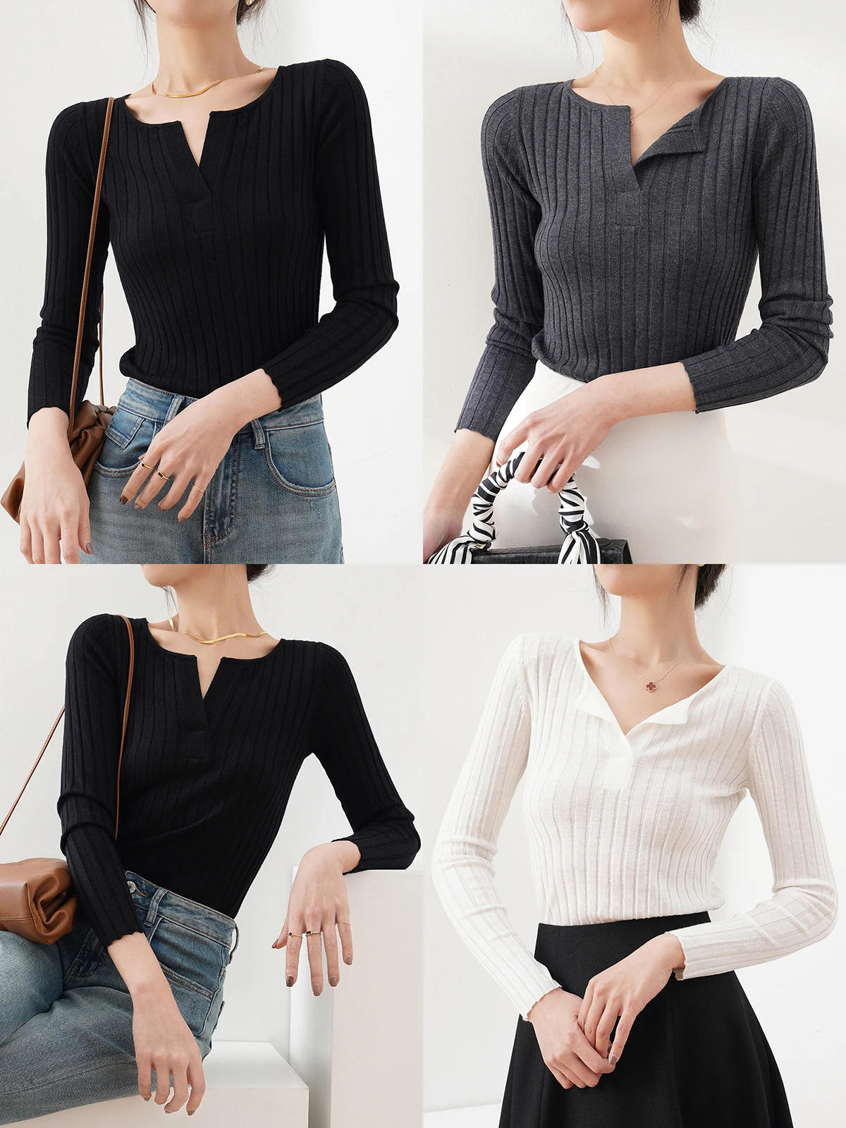 

Вязаная футболка Ele Scissors Ne из шерсти и шелка, облегающая, для повседневной носки, базовый слой, подчеркивающая привлекательность ключиц