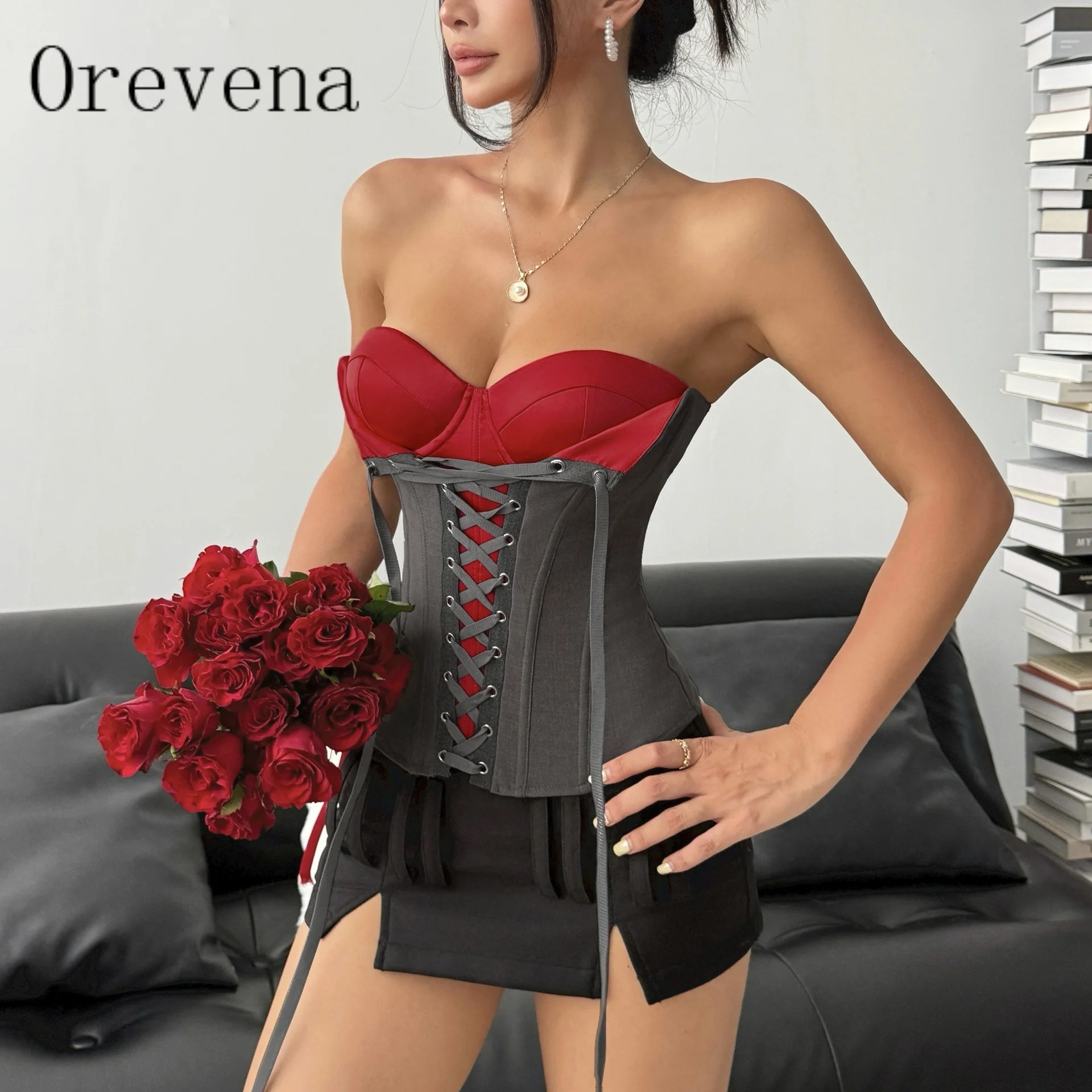Orevena Color Blocked Red Gray Patchwork Corset Tops Women Sexy Strapless Steel Ring Fishbone Shaping Vest Tie Up