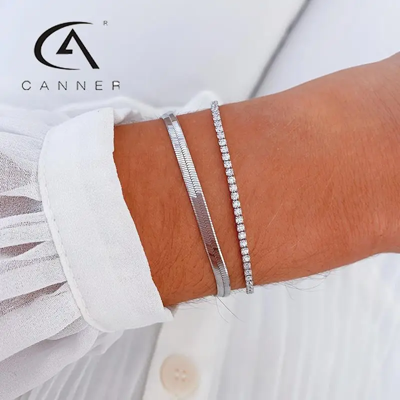 CANNER 925S Silver Cubic Zirconia Classic Tennis Bracelet for Women Plated Luxury Sparking Chain Bracelet Trendy Ladies Gifts