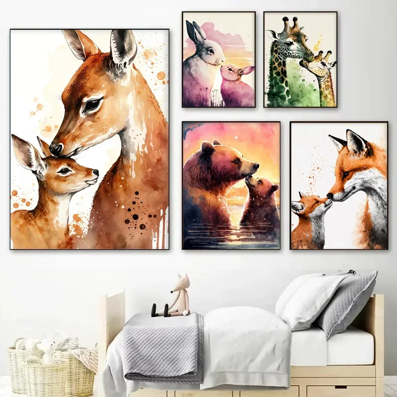Cute Animal Art Poster Mum and Baby With Love Illustration Colourful Aesthetic Minimalist Wall Decor Suitable for Room Home