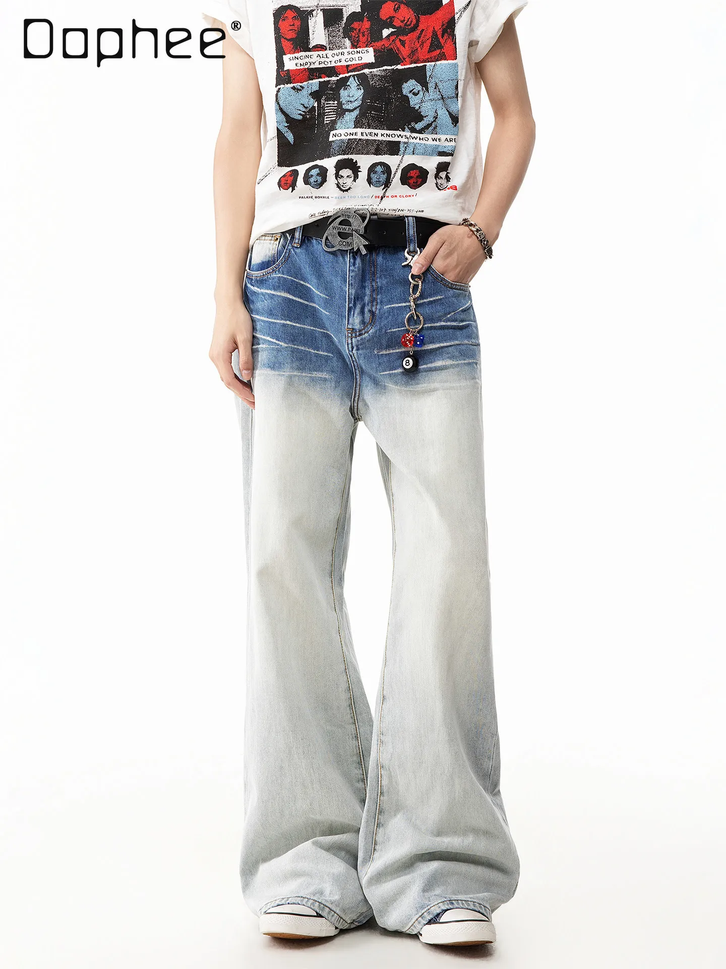 Spring Autumn Men Cat Whisker Texture Blue White Gradient Subculture Streetwear Loose Casual Daily Long Denim Pants