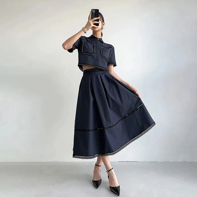 

HUISONG Casual Two Piece Set For Women Lapel Short Sleeve Top High Waist A Line Skirt Minimalist Sets Female Fashion New 8xu55y