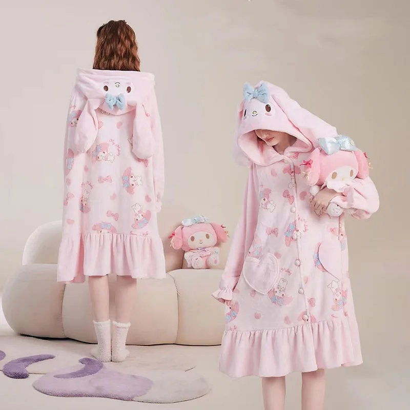 

Cartoon Kawaii Sanrioed My Melody Sleepwear and Robe Female Winter Cute Coral Velvet with Thickened Velvet for Outerwear