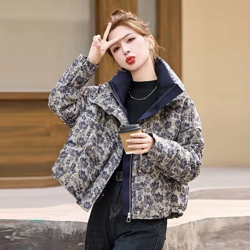 

New Woman Chinese Style Large Size Down Cotton-Padded Clothes Winter High Sense Retro Printing Thickened Cotton-Padded Jacket