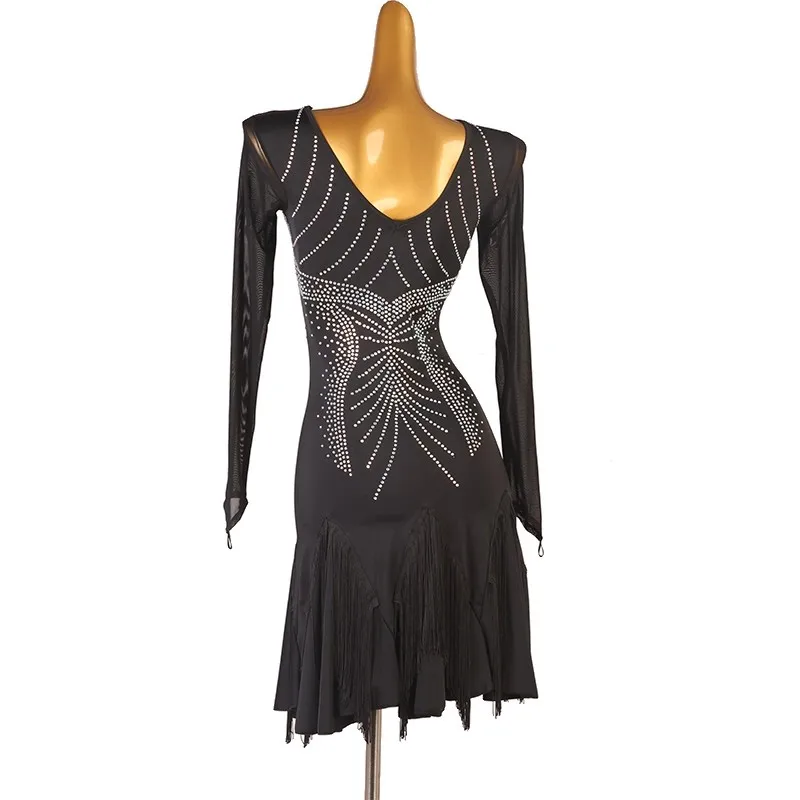 الكبار الأسود حجر الراين كم طويل شبكة هامش الملابس اللاتينية الرقص المنافسة فستان للنساء السامبا السالسا الملابس DQL12248