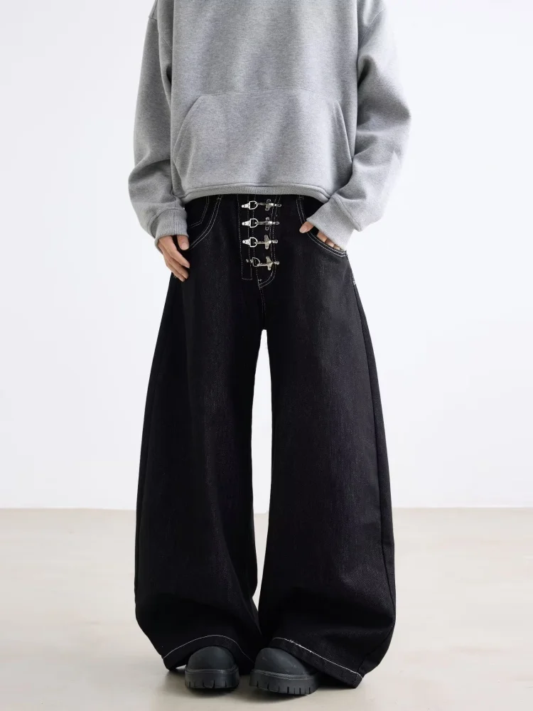 

Уличная одежда Cyber Y2K 2024, черные мешковатые джинсы на пуговицах, брюки для мужчин, одежда, прямые хлопковые длинные брюки, Ropa Hombre