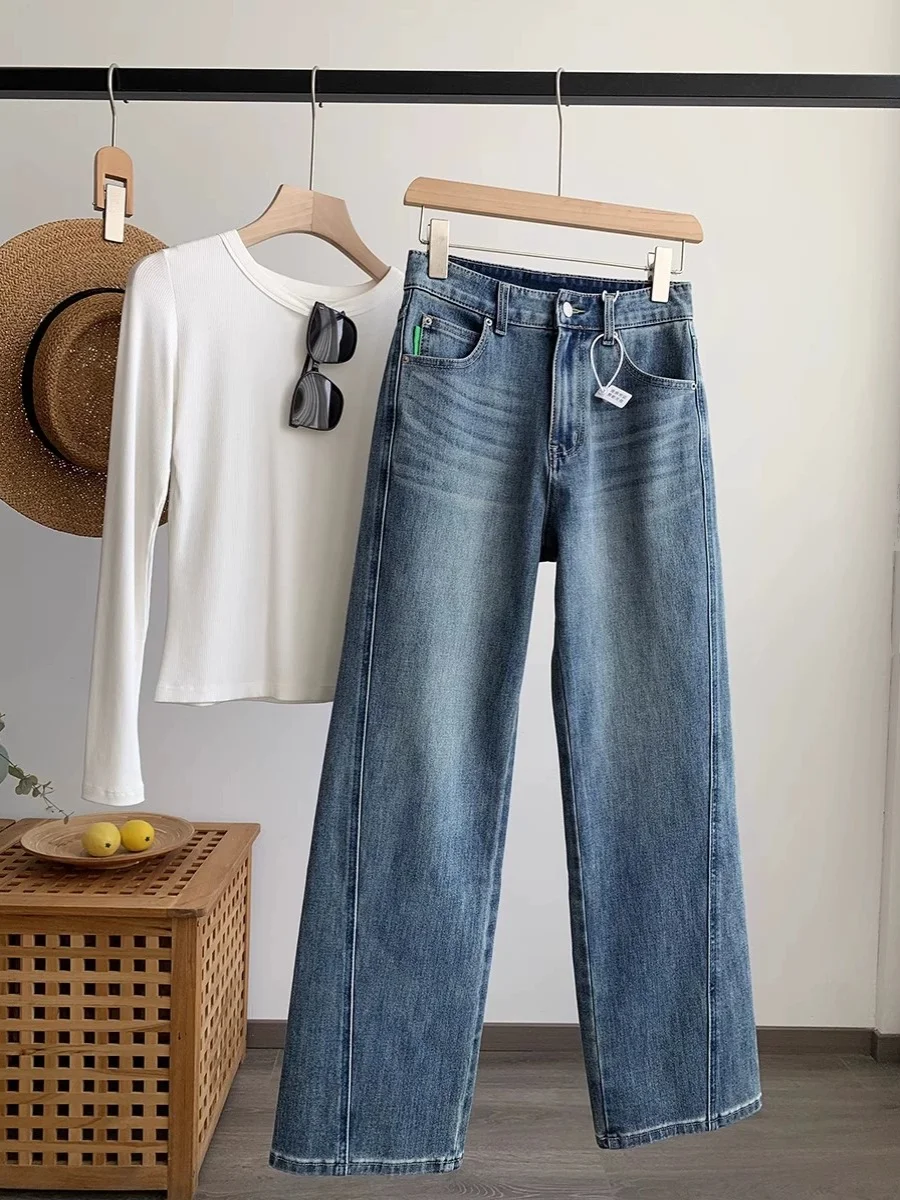 

Невыцветающие осенние 2023, новые эластичные узкие прямые широкие джинсы с высокой талией в стиле ретро, женская мода