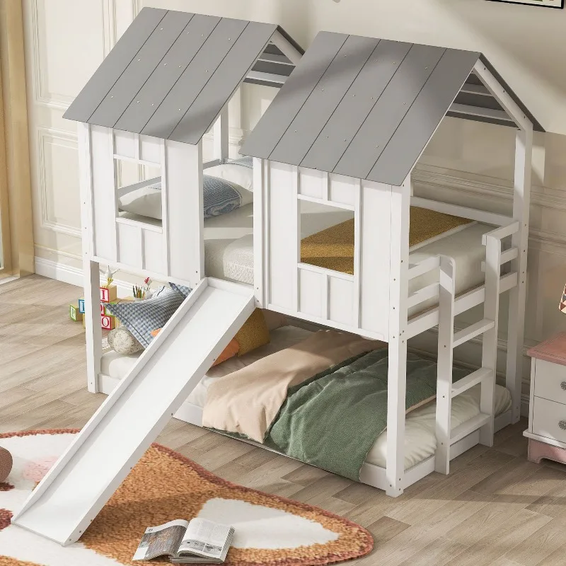 Children's tent high and low beds, bunk beds with slides, white solid wood bed frame