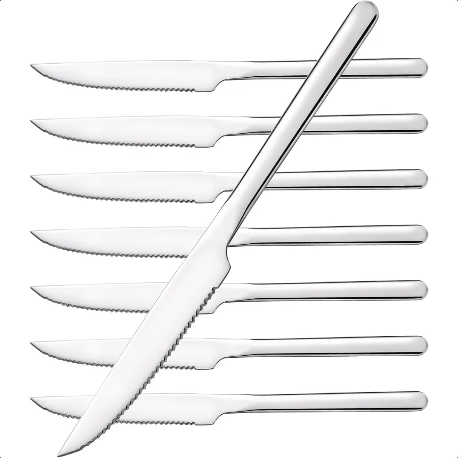 

Острые ножи для стейка, немецкий набор ножей для стейка из нержавеющей стали из 8 штук с полностью зубчатым лезвием, 9,4 дюйма, настольные ножи с гладким дизайном, зеркало Po