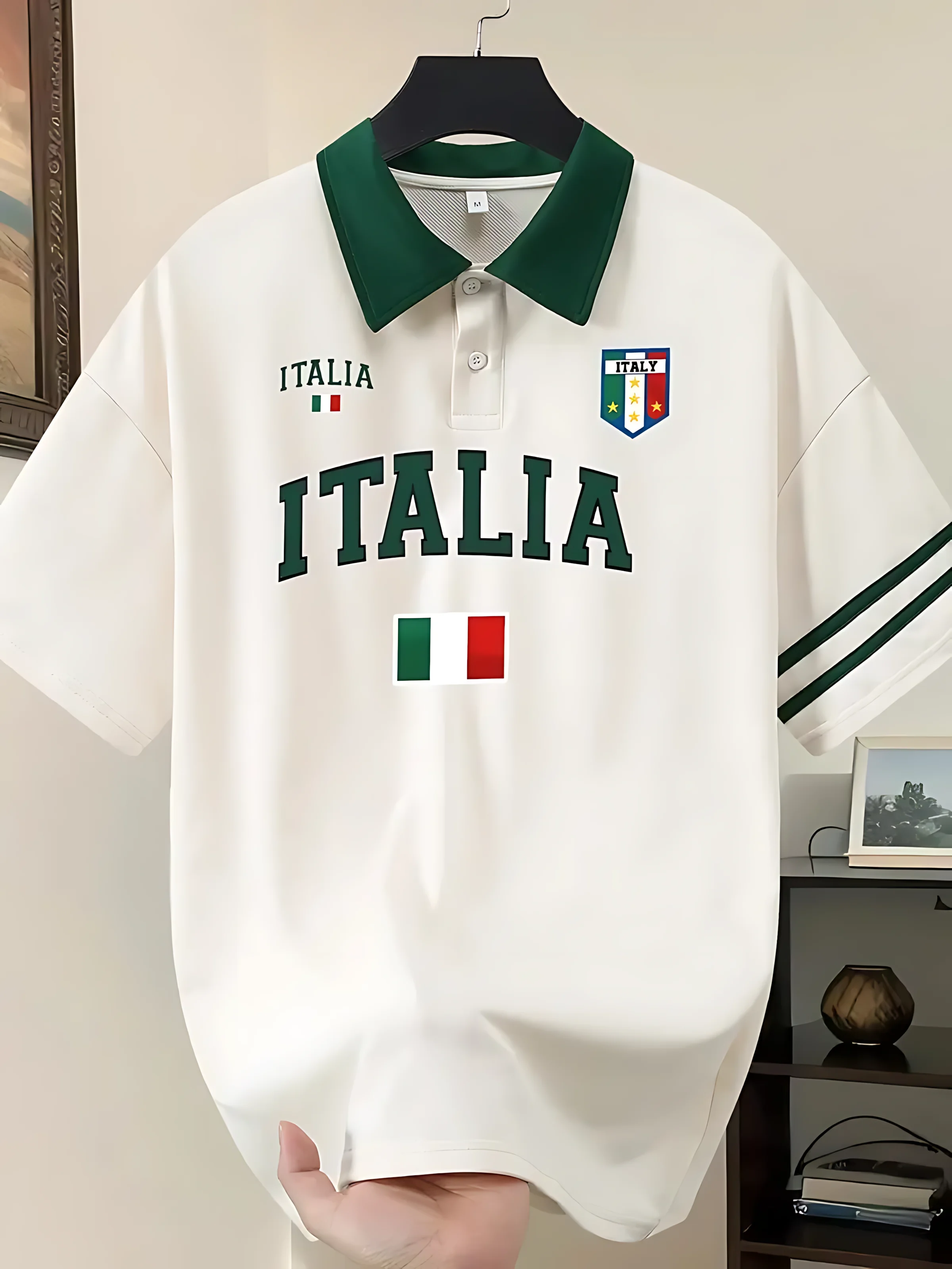 Camiseta polo de manga corta para hombre, estilo americano, con estampado de letras italianas a rayas, cómoda y transpirable, informal para exteriores.