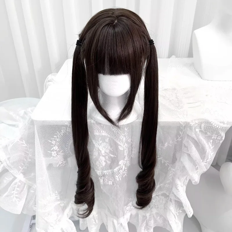 Women's Long Pigtail Wig with Air Bangs Dark Brown Heat Resistant Synthetic Hair for Daily Wear & Cosplay image 3