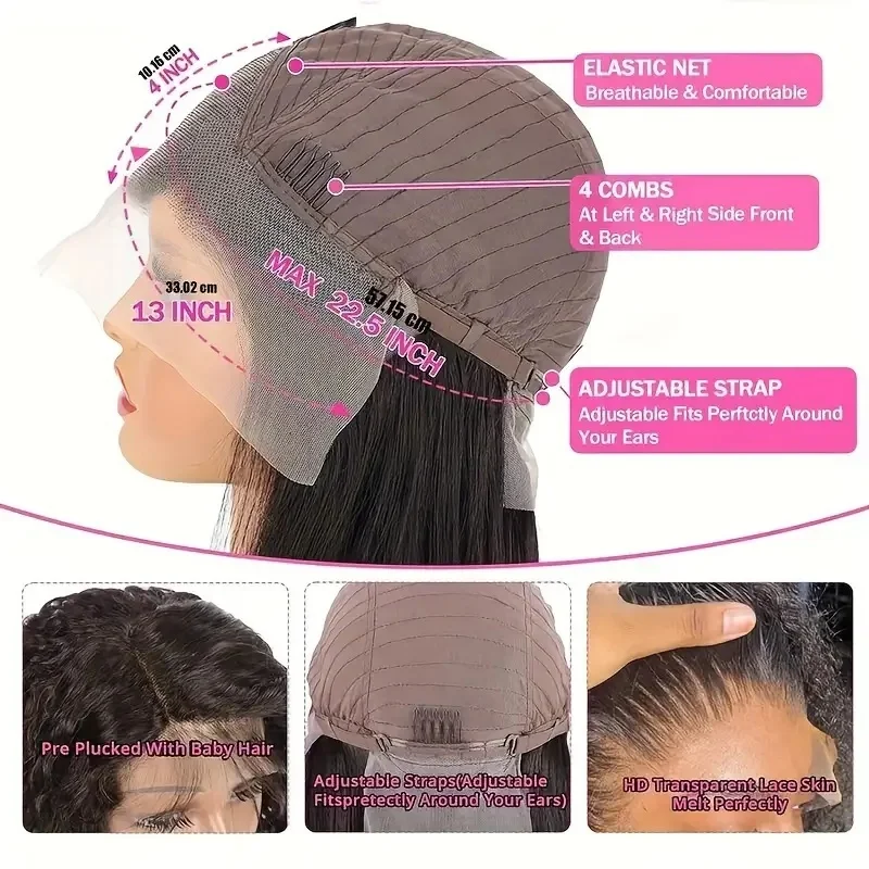 Pelucas frontales de encaje recto, cabello humano 1B, 200 de densidad, transparente, 13x4, 13x6