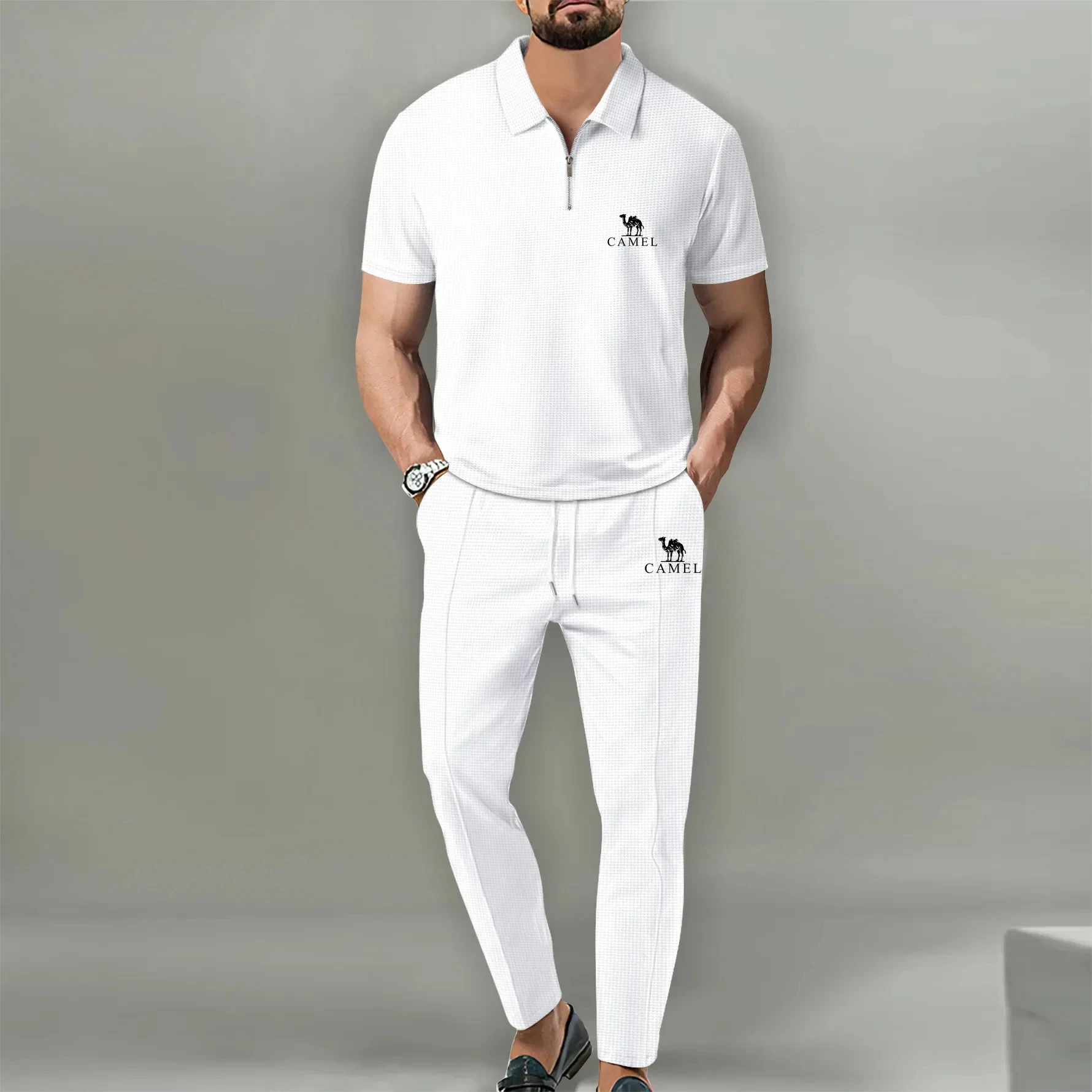 2024 Summer Bestselling Clothing New Men\'s Solid Color Waffle Neck Zipper Set Outdoor Sports Golf Men\'s Pants Clothing Oversize