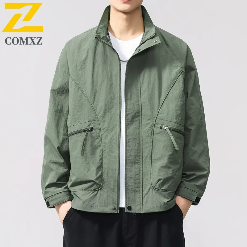 

COMXZ Mens Jacket Trendy Zippered Pocket Camping Lightweight Coat Leisure Turndown Collar Hiking Travel Autumn Lightweight Coats