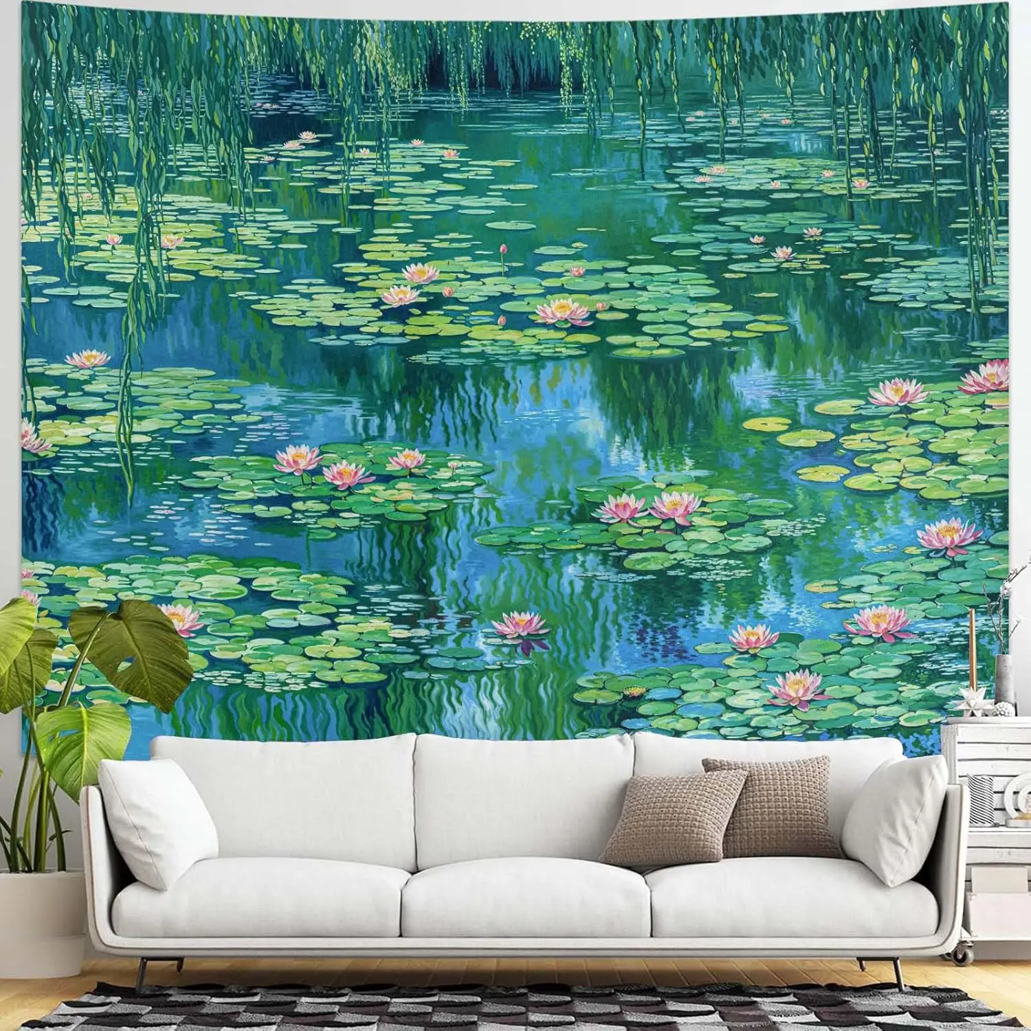 Monet Water Lilies Tapestry, Impressionist Floral Wall Hanging with Pond & Willow for Bedroom, Living Room & Artistic Home Decor