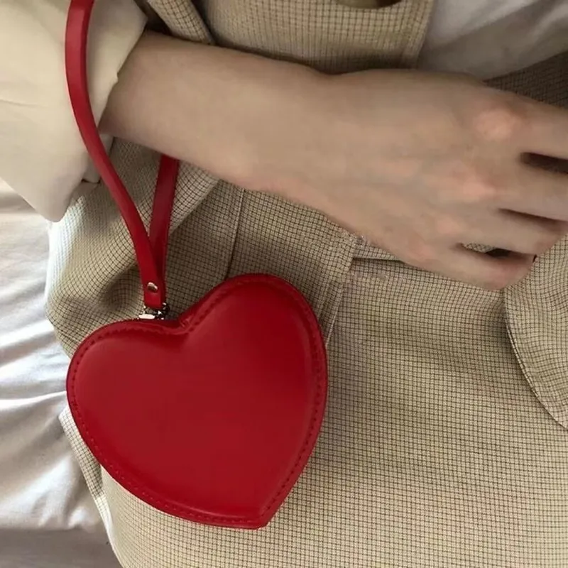 Lizzytsu Retro PU Zipper Red Heart Shaped Wallet Korean Casual Mini Coin Purses Women Janpan Kawaii Handbag Party Small Wristlet