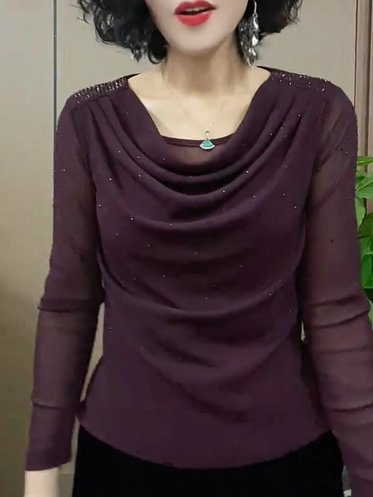 

Spring 2025 plus Size Slimming Elastic Net irt Rhinestone Staed Collar Belly Covering Top Korean Sle Commute Faion