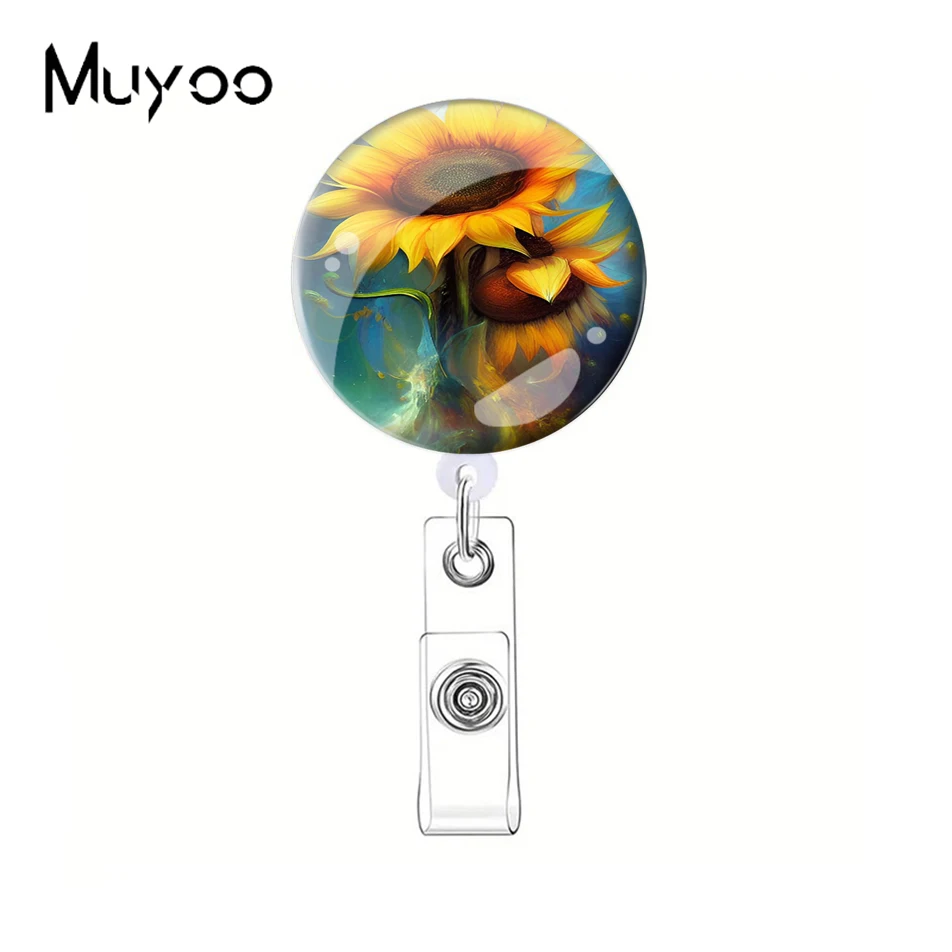 2023 New Arrival Fashion Beautiful Watercolor Sunflower Paintings Round Badge Reel Clip ID Card Badge Holder Accessories