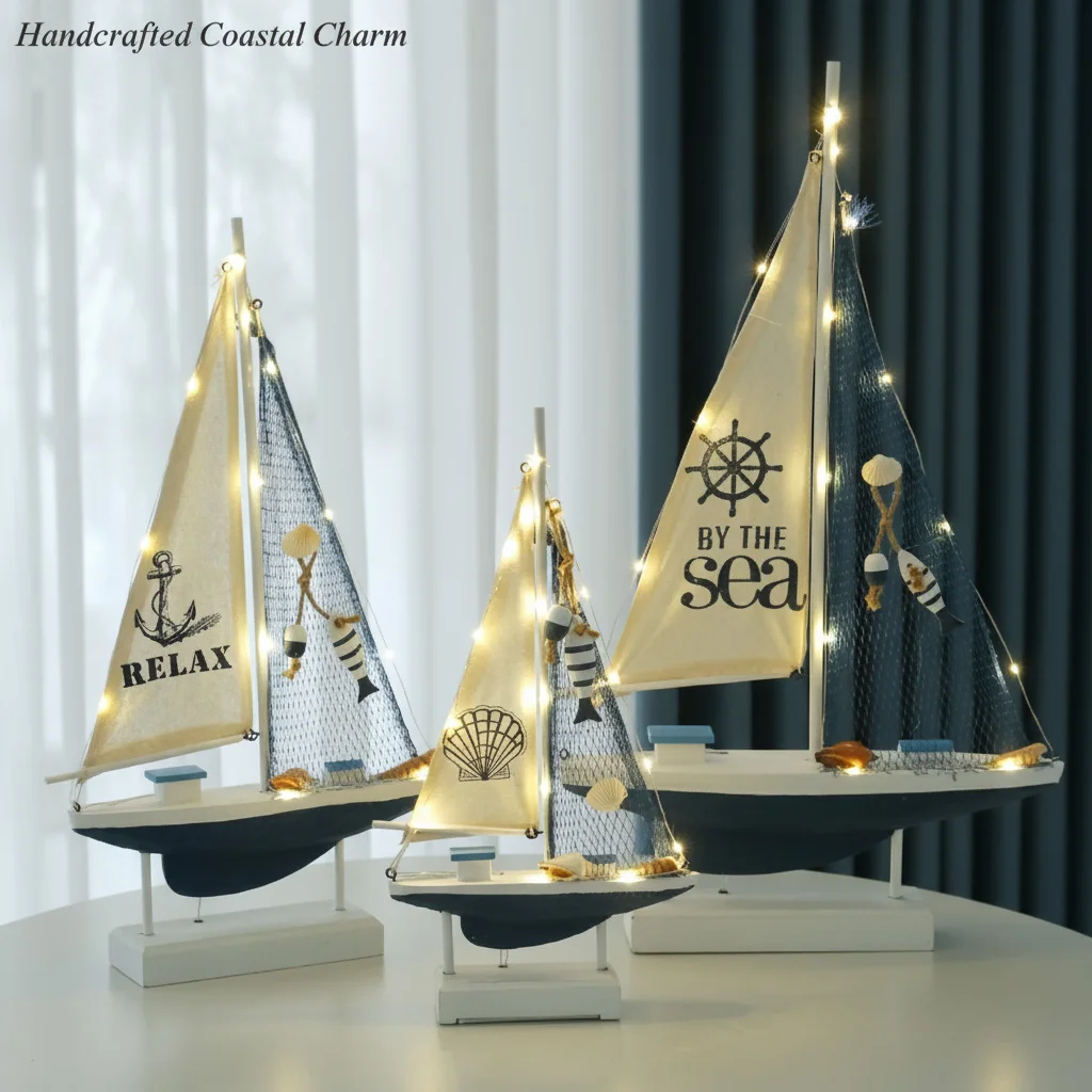 Modelo de velero de madera LED, decoración del hogar de estilo mediterráneo náutico, adorno de barco de mesa con tema del mar costero, regalo de velero