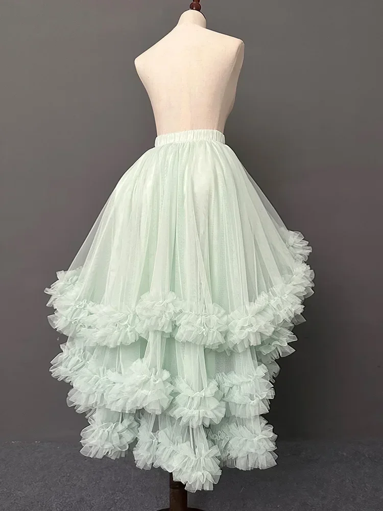 Original Flower Irregular Layer Light Green Mid-length Skirt Women Fairy Woman Mesh Yarn Fluffy Elastic Waist Midi Cake Skirts