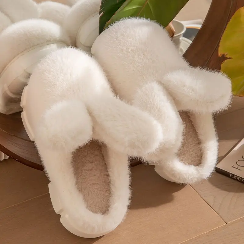 

High Platform Heeled 8cm Fluffy Slippers Women 3D Bunny ear home aesthetic Fuzzy Shoes Fashion Velvet White Slippers ﻿