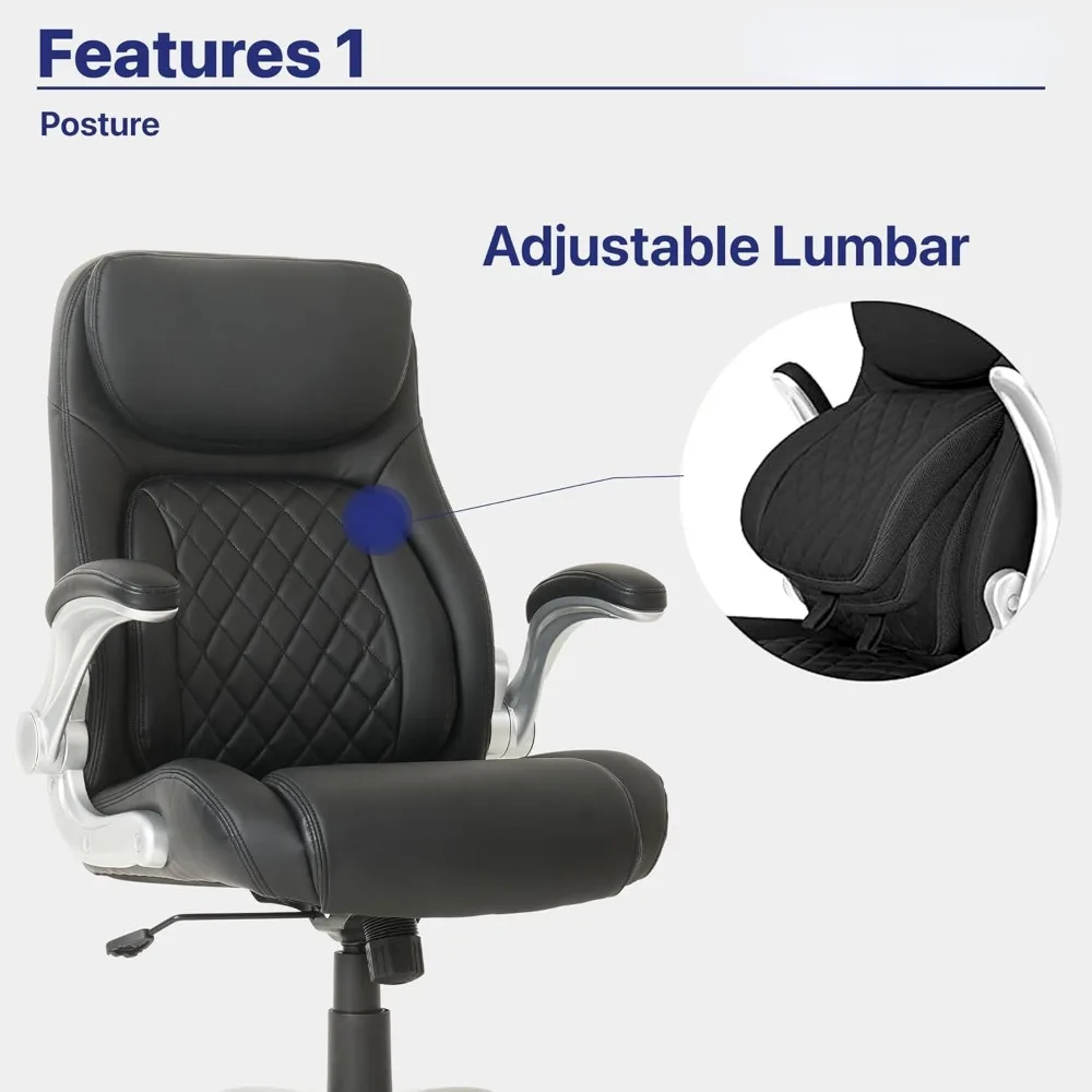 + Kursi kantor kulit PU ergonomis postur. Penyangga Lumbar Click5 dengan FlipAdjust sandaran tangan.