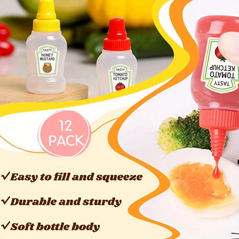 12pcs/set seasoning squeeze bottles, 25ML children\'s plastic sauce container, office, bento box, picnic, honey, salad dressing