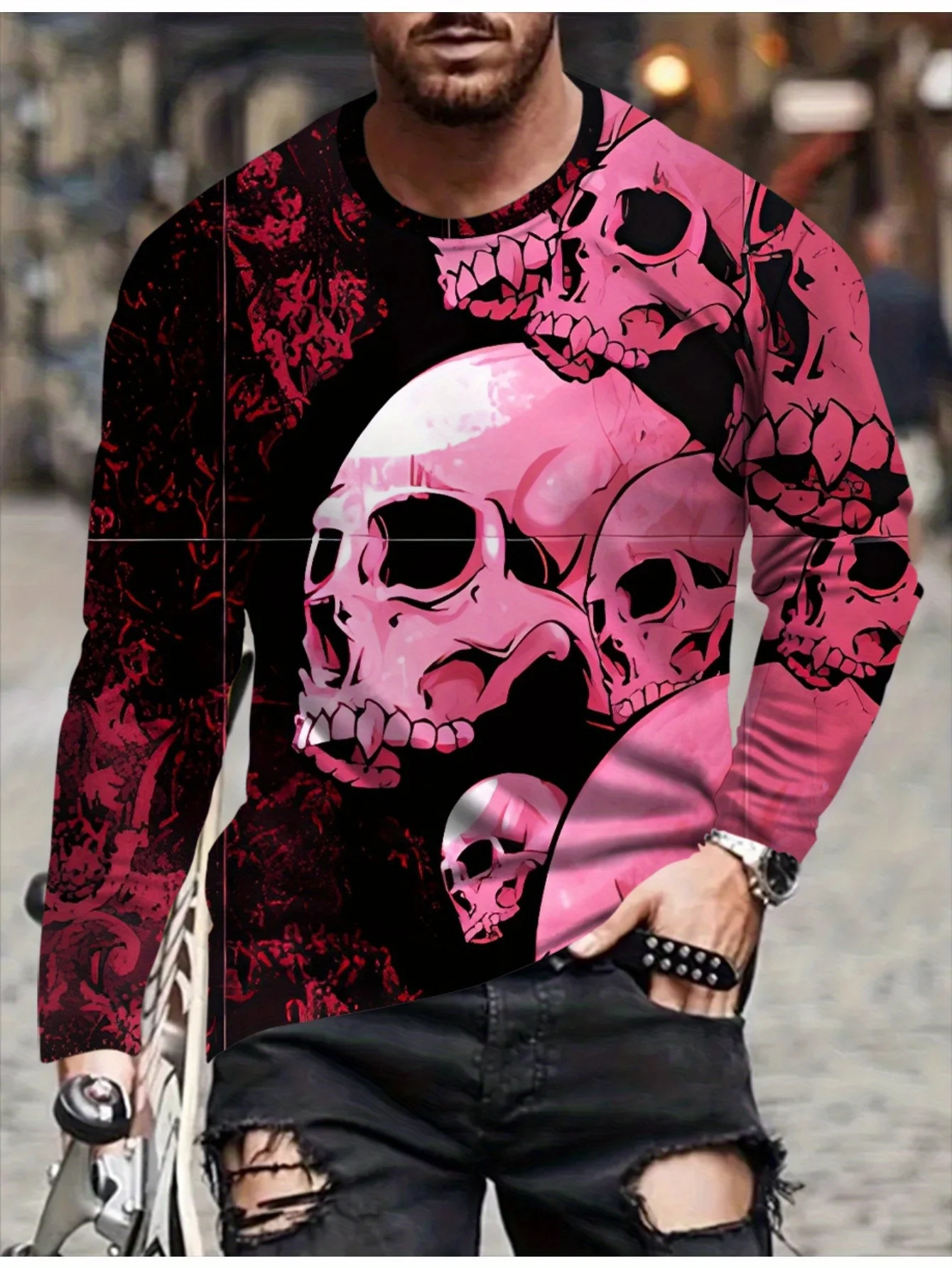 

Футболка с длинным рукавом Urban Street Fashion | Жирный розовый и черный дизайн с принтом черепа | Топ унисекс для вечеринок и повседневной одежды